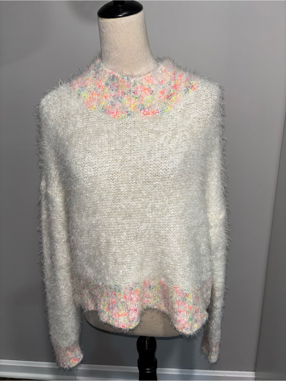 Free People Cozy Cream Fuzzy Sweater with Multicolor Trim